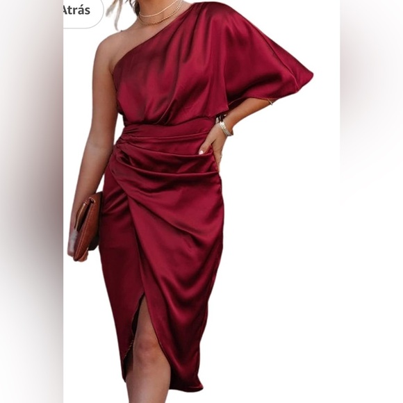 CUPSHE Women's Satin Backless One Shoulder Short Sleeve A-line Dress High Low - Picture 3 of 13